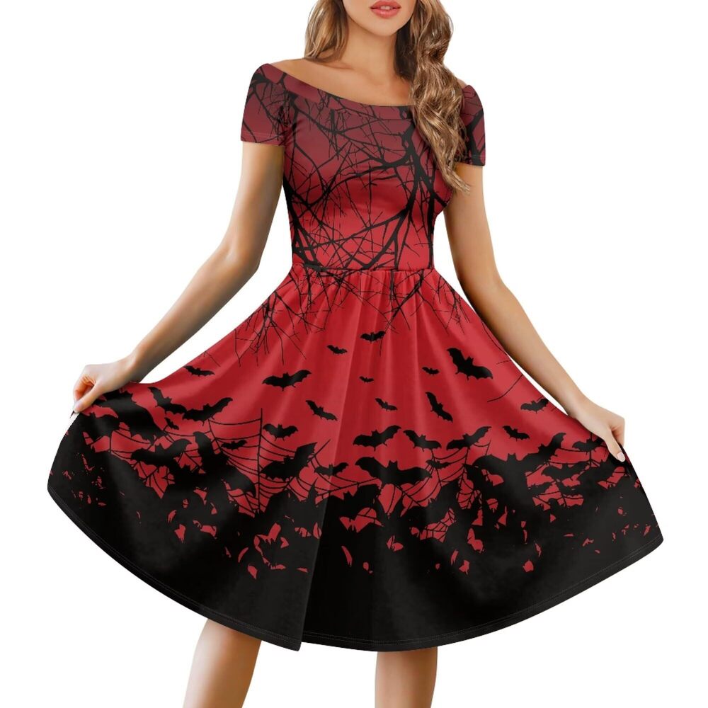 7587 Red Horror Halloween Dress Sexy Bat Plus Size Halloween Costumes Flowy